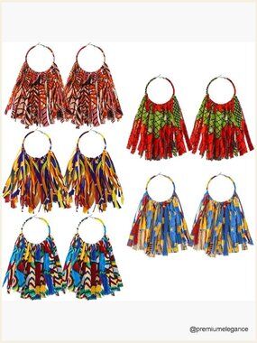 5 Pairs Mardi Gras Fabric Tassel Earrings African Jewelry Fringe Hoops